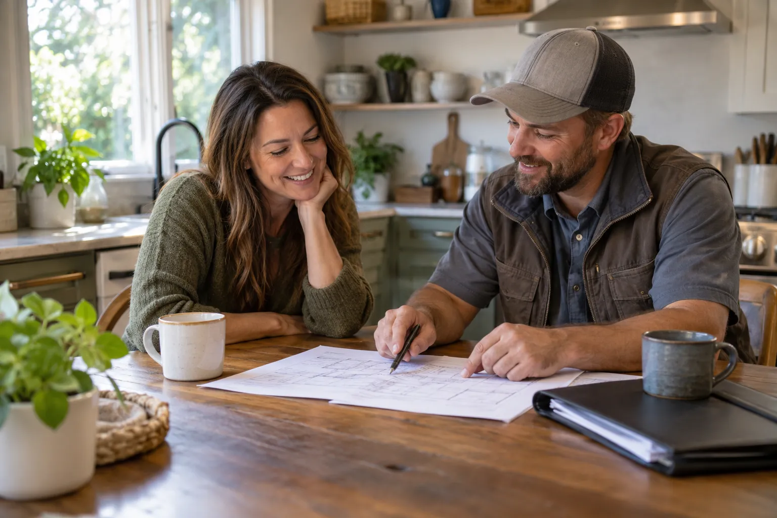 A provider explaining mold options to a homeowner at a kitchen table in the Hobart area