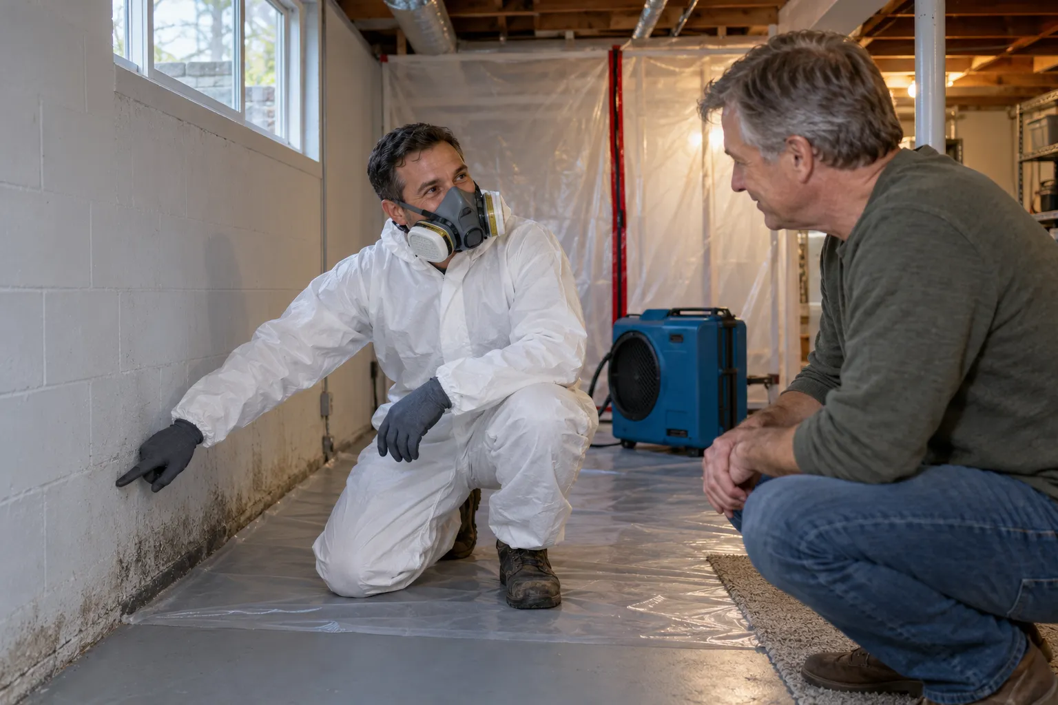 Friendly mold remediation provider reviewing a basement wall with a homeowner in a Hobart home